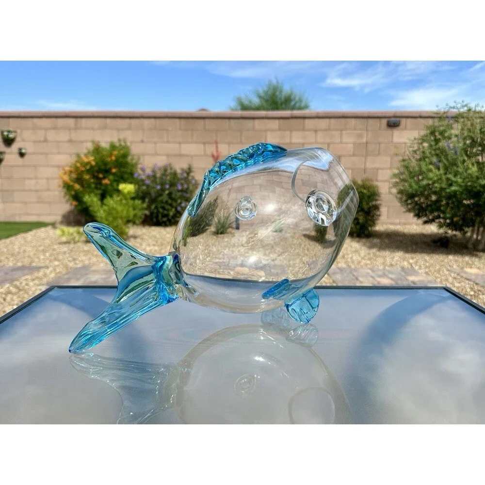 Vintage MCM Blenko Art Glass Fish Shape Sculpture Vase Bowl Clear Aqua Blue 14